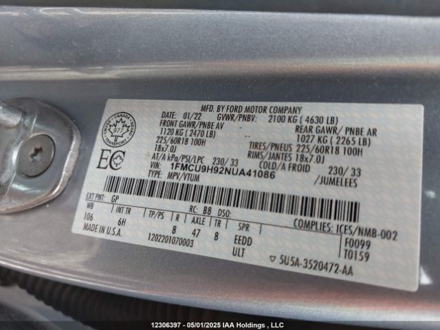 1FMCU9H92NUA41086 Ford ESCAPE SEL