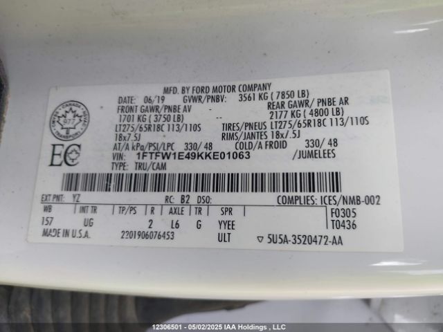 1FTFW1E49KKE01063 Ford F-150 Xlt