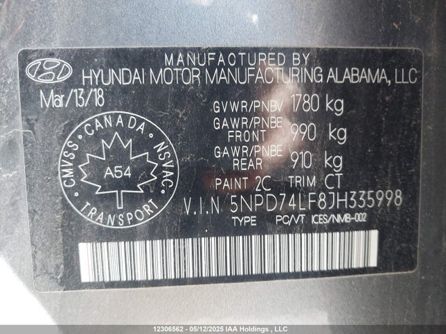 5NPD74LF8JH335998 Hyundai mpi nu