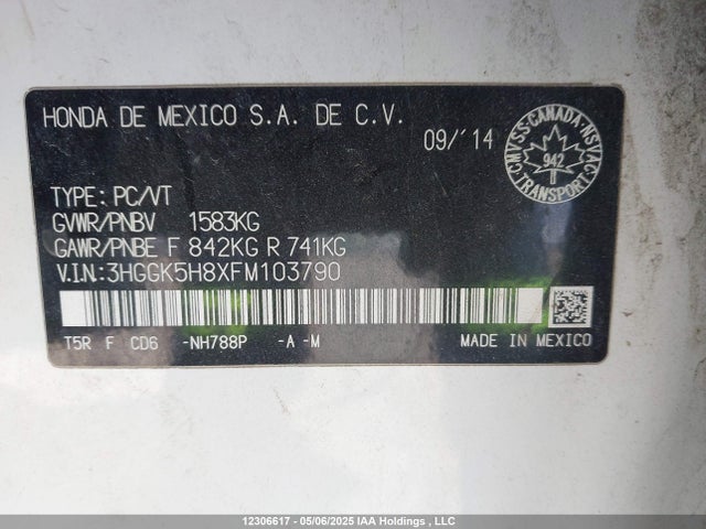 3HGGK5H8XFM103790 Honda l15b1