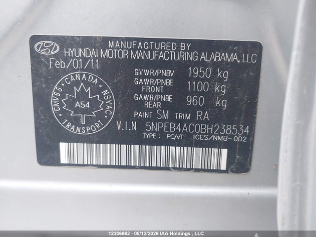 Auction sale of the 2011 Hyundai Sonata Gl, vin: 5NPEB4AC0BH238534, lot number: 12306662