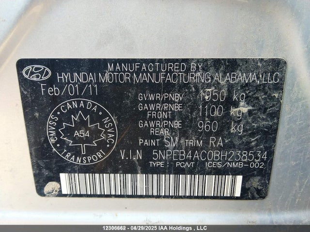Auction sale of the 2011 Hyundai Sonata Gl, vin: 5NPEB4AC0BH238534, lot number: 12306662