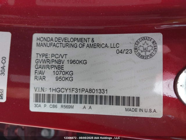 1HGCY1F31PA801331 Honda l15be