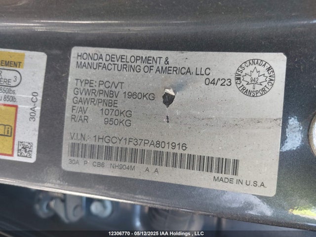 1HGCY1F37PA801916 Honda l15be