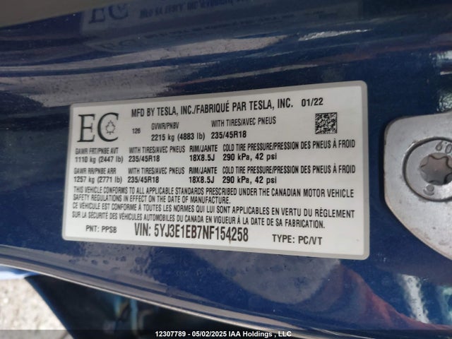 5YJ3E1EB7NF154258 Tesla MODEL 3