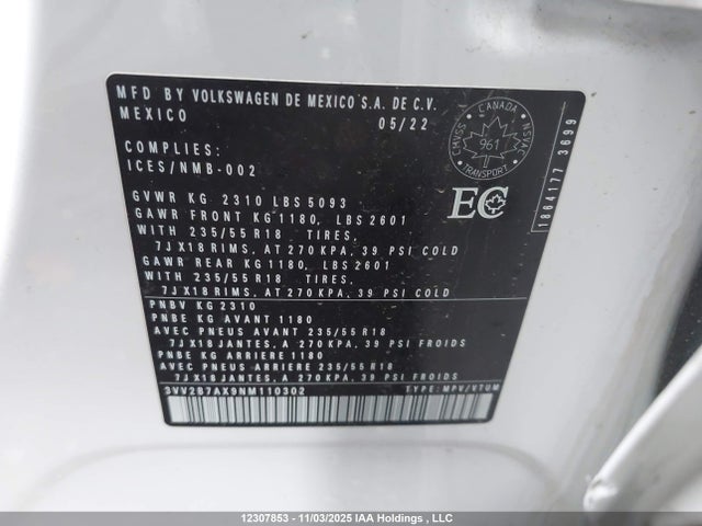 3VV2B7AX9NM110302 Volkswagen Tiguan