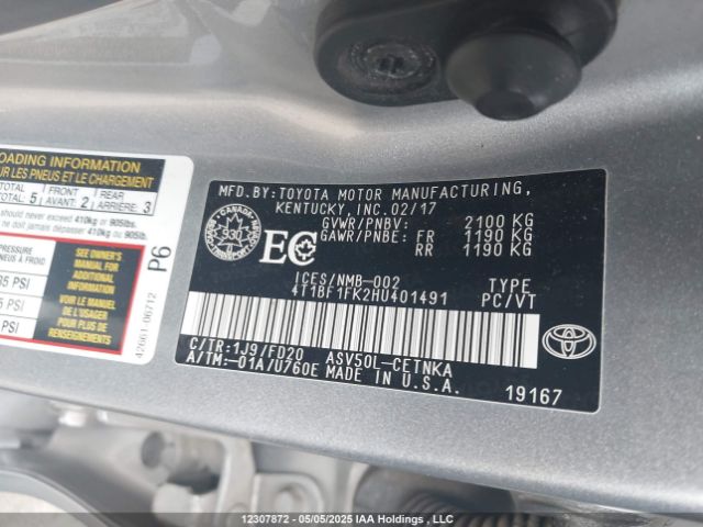 4T1BF1FK2HU401491 Toyota 2ar-fe