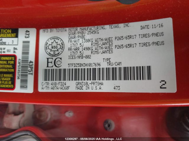 5TFDZ5BN3HX017696 Toyota Tacoma Dbl Cab/sr5/trd Sport/or