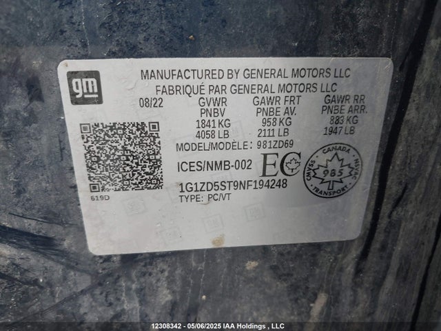 1G1ZD5ST9NF194248 Chevrolet lfv - direct injection, variable valve timing, gen 1 gmna
