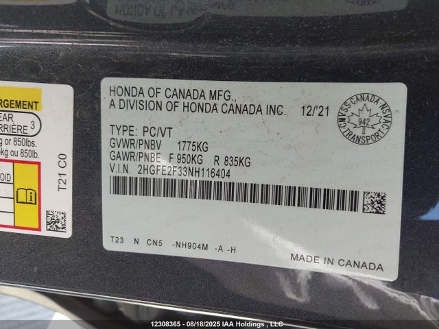 Honda Civic 2022 2HGFE2F33NH116404 Image 9