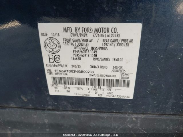 1FM5K7D82HGB09230 Ford 3.5l ti-vct