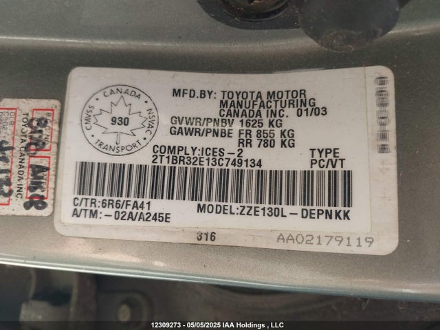12309273 :رقم المزاد ، 2T1BR32E13C749134 vin ، 2003 Toyota Corolla Ce/le/s مزاد بيع