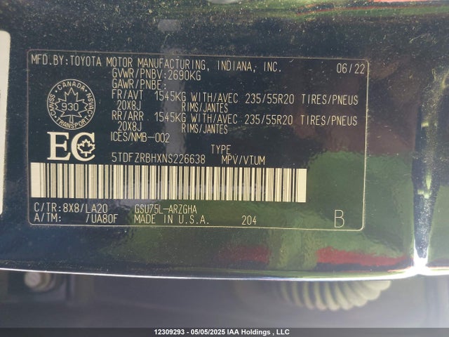 5TDFZRBHXNS226638 Toyota 2gr-fks