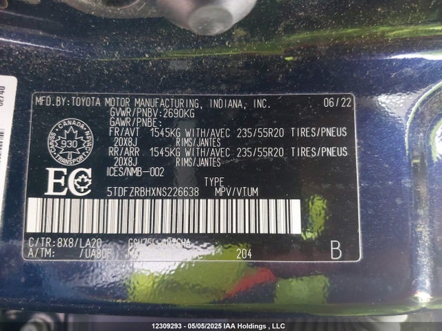 5TDFZRBHXNS226638 Toyota 2gr-fks