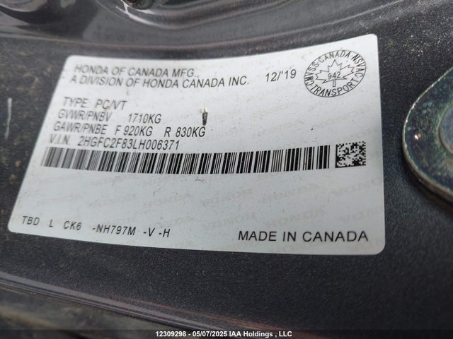 2020 Honda Civic მანქანა იყიდება აუქციონზე, vin: 2HGFC2F83LH006371, აუქციონის ნომერი: 12309298