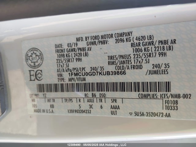 12309490 :رقم المزاد ، 1FMCU0GD7KUB39866 vin ، 2019 Ford Escape Se مزاد بيع
