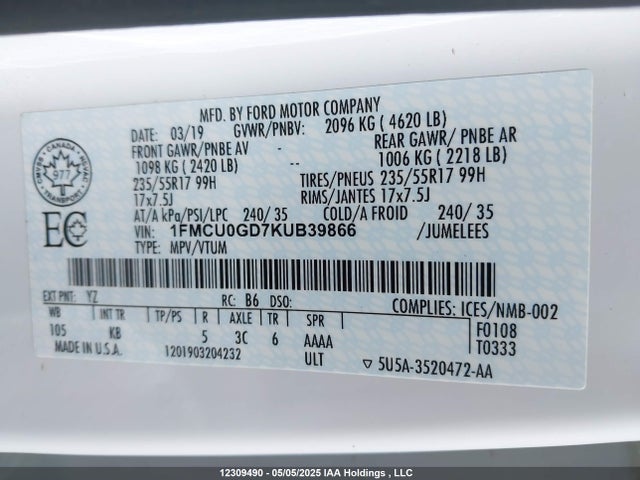 12309490 :رقم المزاد ، 1FMCU0GD7KUB39866 vin ، 2019 Ford Escape Se مزاد بيع