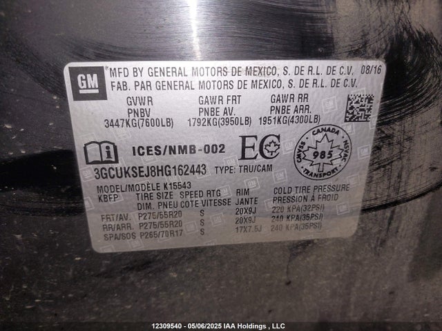 3GCUKSEJ8HG162443 Chevrolet l86 - sidi: spark ignited direct injection, vvt: variable valve timing, afm, e85 max, alum