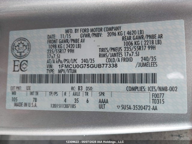 1FMCU0G75GUB77338 Ford Escape