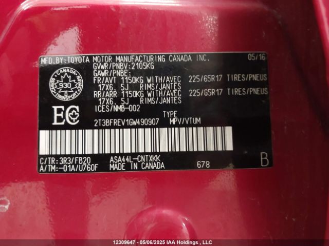 2T3BFREV1GW490907 Toyota 2ar-fe