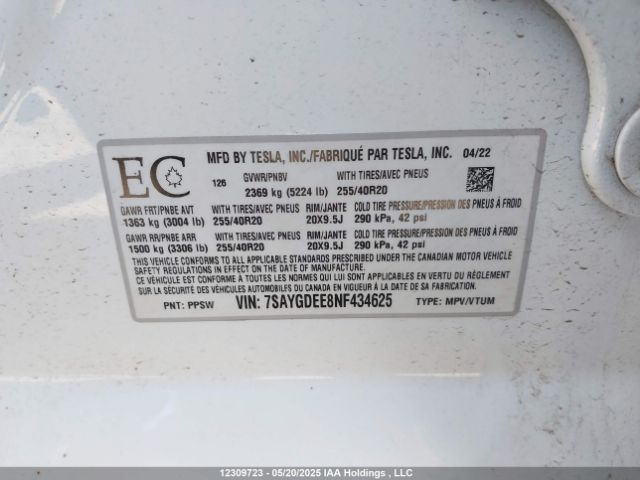 7SAYGDEE8NF434625 Tesla Model Y