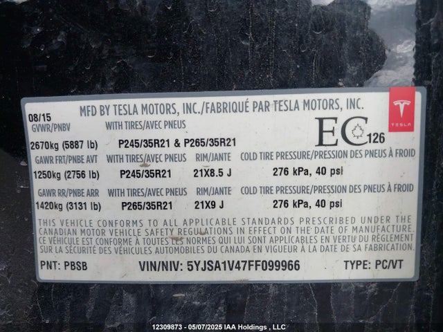 Tesla Model S 85d/p85d 2015 5YJSA1V47FF099966 Image 9