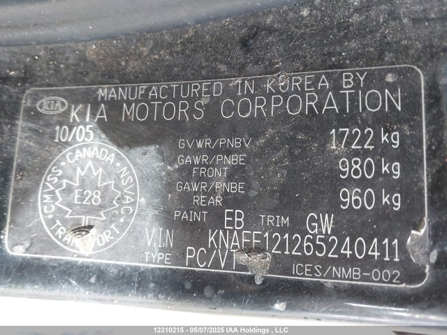 Aukcja sprzedaży 2006 Kia Spectra Lx/ex, vin: KNAFE121265240411, numer aukcji: 12310215