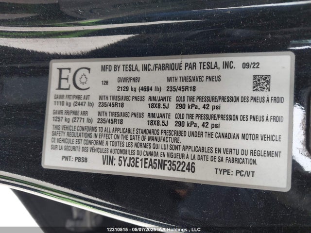 5YJ3E1EA5NF352246 Tesla MODEL 3