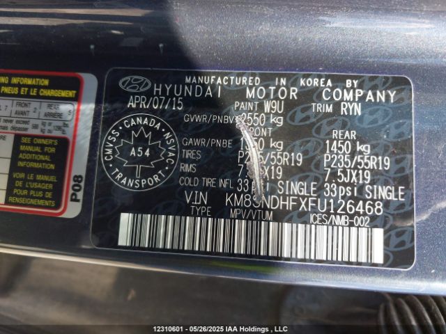 KM8SNDHFXFU126468 Hyundai Santa Fe Xl Limited
