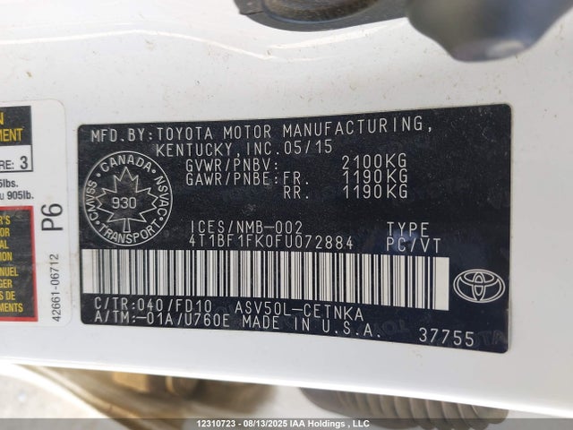 Toyota 2ar-fe 2015 4T1BF1FK0FU072884 Image 9