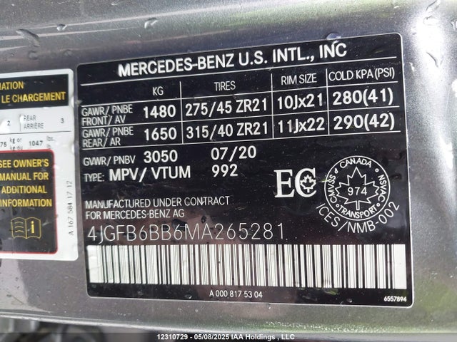 4JGFB6BB6MA265281 Mercedes-Benz m256
