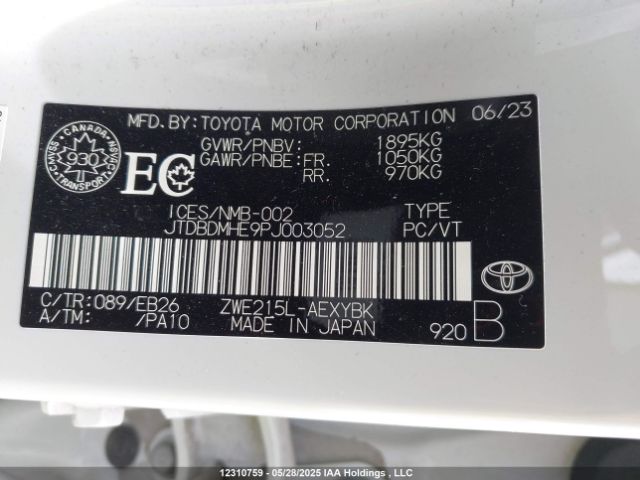 JTDBDMHE9PJ003052 Toyota Corolla Hybrid