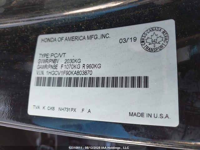 1HGCV1F90KA803870 Honda Accord Touring