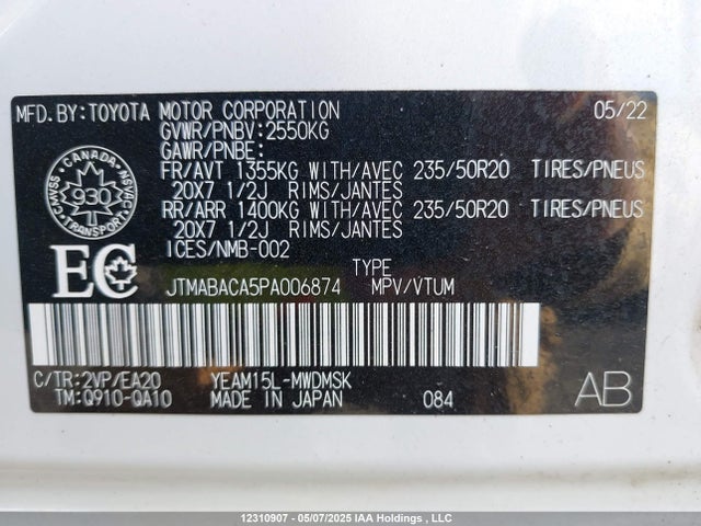 JTMABACA5PA006874 Toyota 1ym motor