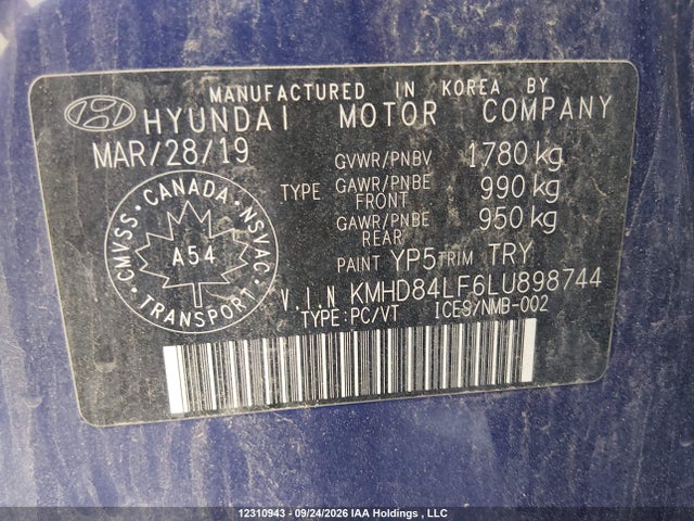 12310943 :رقم المزاد ، KMHD84LF6LU898744 vin ، 2020 Hyundai Elantra Sel/value/limited مزاد بيع