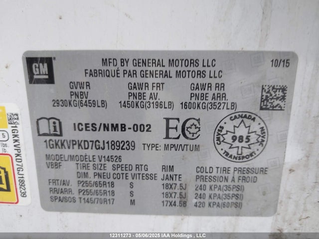 1GKKVPKD7GJ189239 GMC llt - sidi, alum, 60 degrees