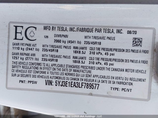 Tesla MODEL 3 2020 5YJ3E1EA3LF789577 Image 9