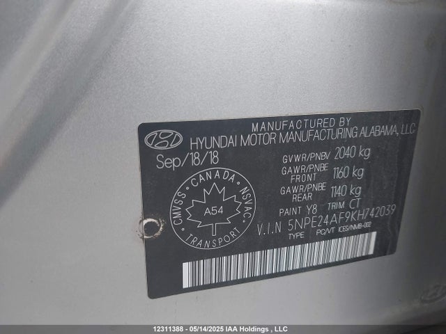 5NPE24AF9KH742039 Hyundai gdi theta-ii