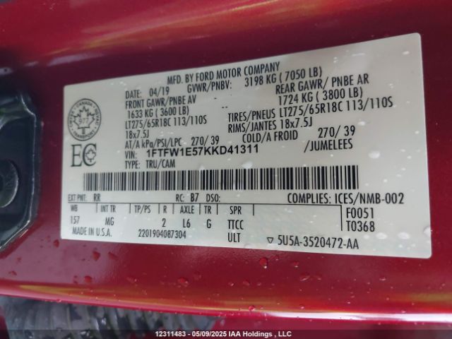 1FTFW1E57KKD41311 Ford 5.0l 4v