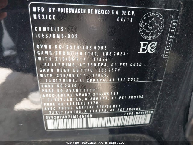 3VV2B7AX7JM145169 Volkswagen Tiguan Se/sel