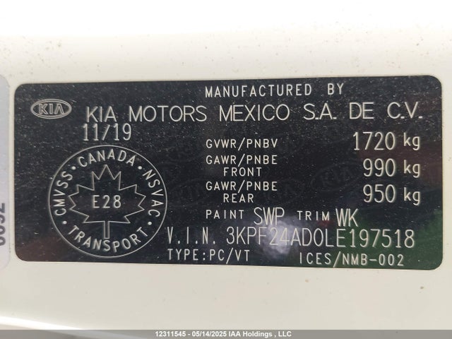 3KPF24AD0LE197518 KIA mpi nu