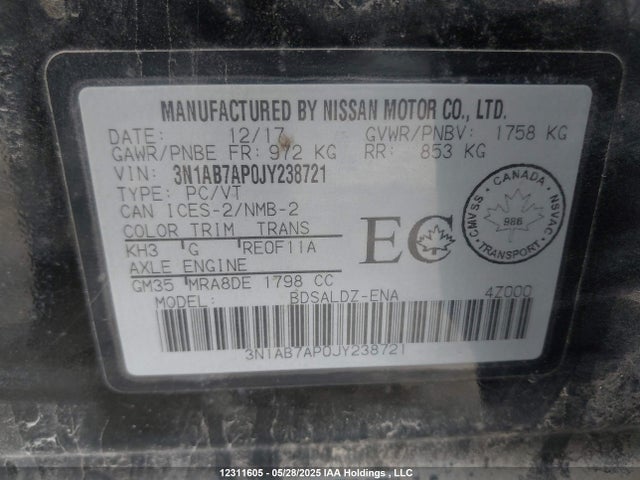 3N1AB7AP0JY238721 Nissan 2018
