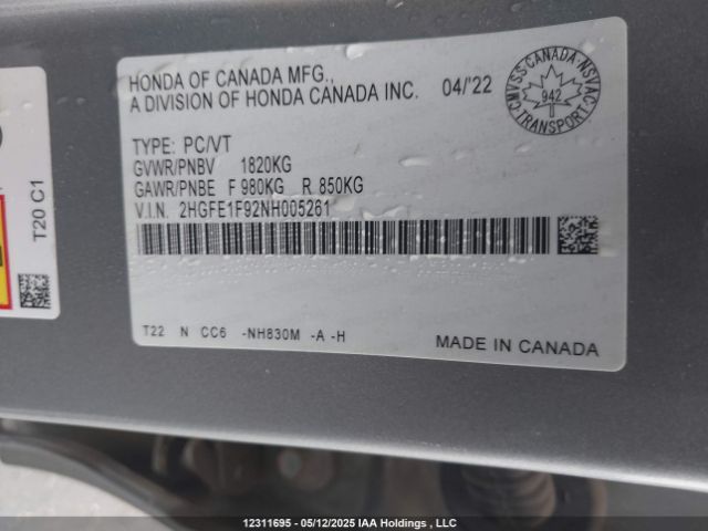 2HGFE1F92NH005261 Honda Civic Touring