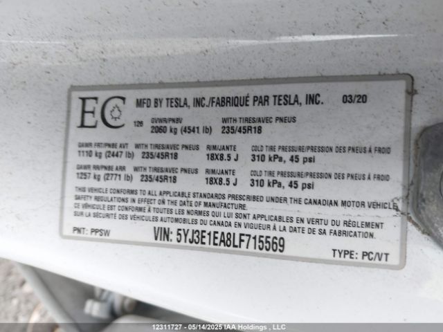 5YJ3E1EA8LF715569 Tesla MODEL 3