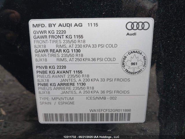 12311732 :رقم المزاد ، WA1EFCFS2GR011886 vin ، 2016 Audi Q3 Premium Plus مزاد بيع