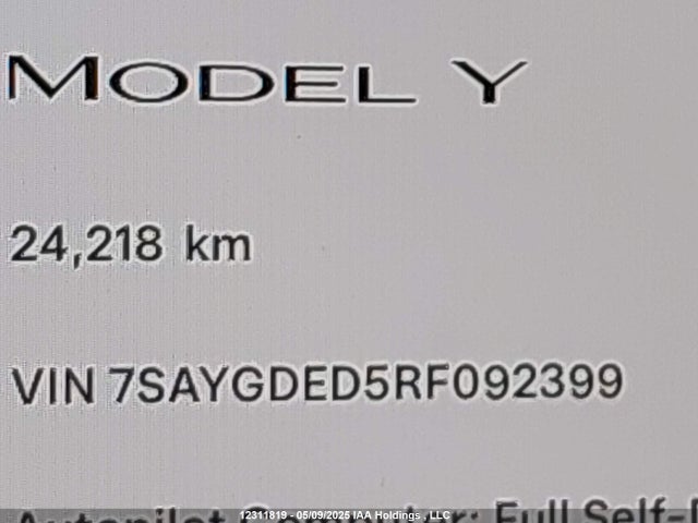 2024 Tesla Model Y მანქანა იყიდება აუქციონზე, vin: 7SAYGDED5RF092399, აუქციონის ნომერი: 12311819