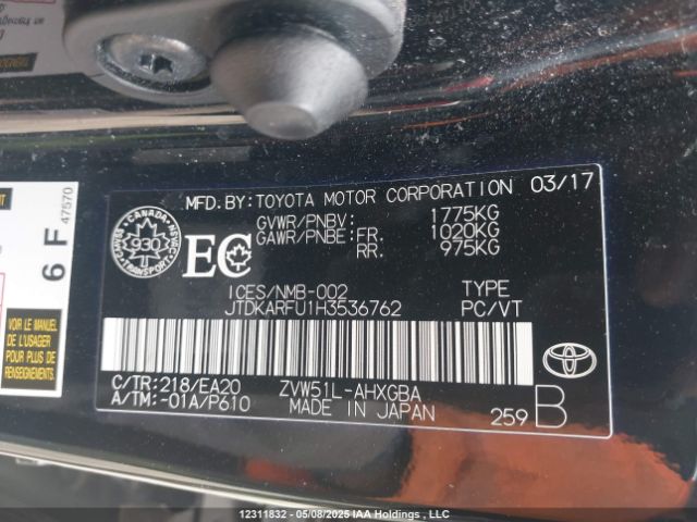 JTDKARFU1H3536762 Toyota Prius