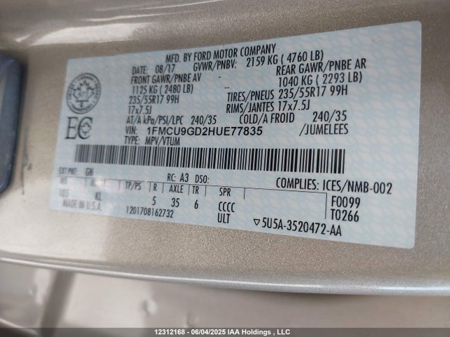 1FMCU9GD2HUE77835 Ford gtdi sigma w/premium fuel