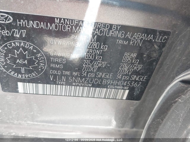 5NMZUDLB9HH045367 Hyundai gdi theta ii