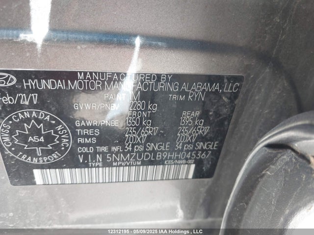 5NMZUDLB9HH045367 Hyundai gdi theta ii